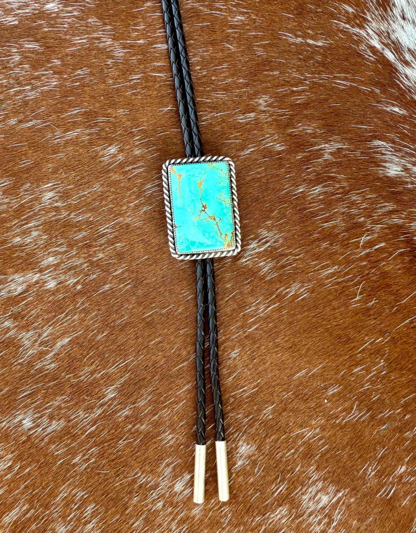 Royston Turquoise Bolo Tie with Sterling Silver Tips on Dark Brown Leather Cord