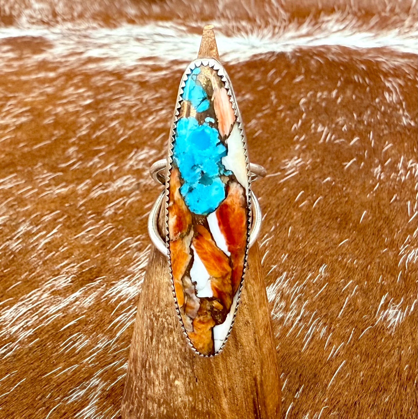 Kingman Turquoise, Spiny Oyster and Bronze composite split shank bar ring