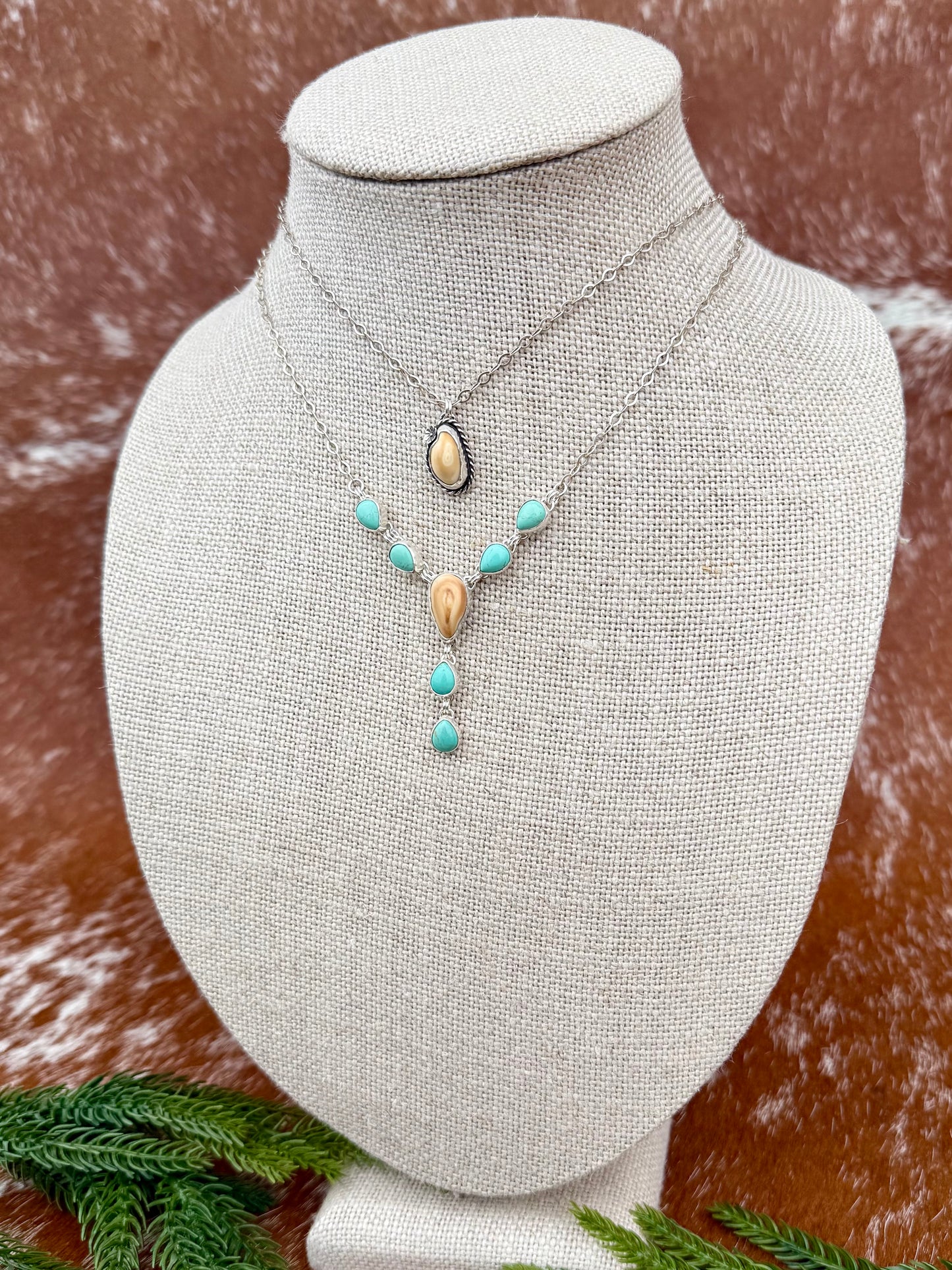Elk Ivory and Kingman Turquoise multi stone lariat necklace