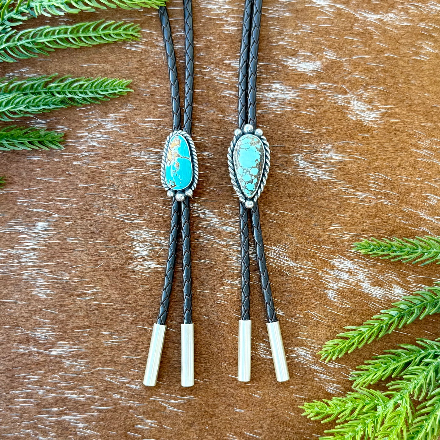 Blue Moon Turquoise bolo tie with dark brown leather cord and sterling silver tips