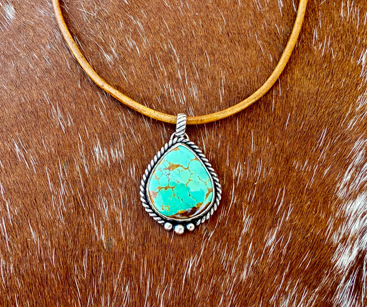 Royston Turquoise teardrop pendant necklace with brown leather cord or sterling silver chain
