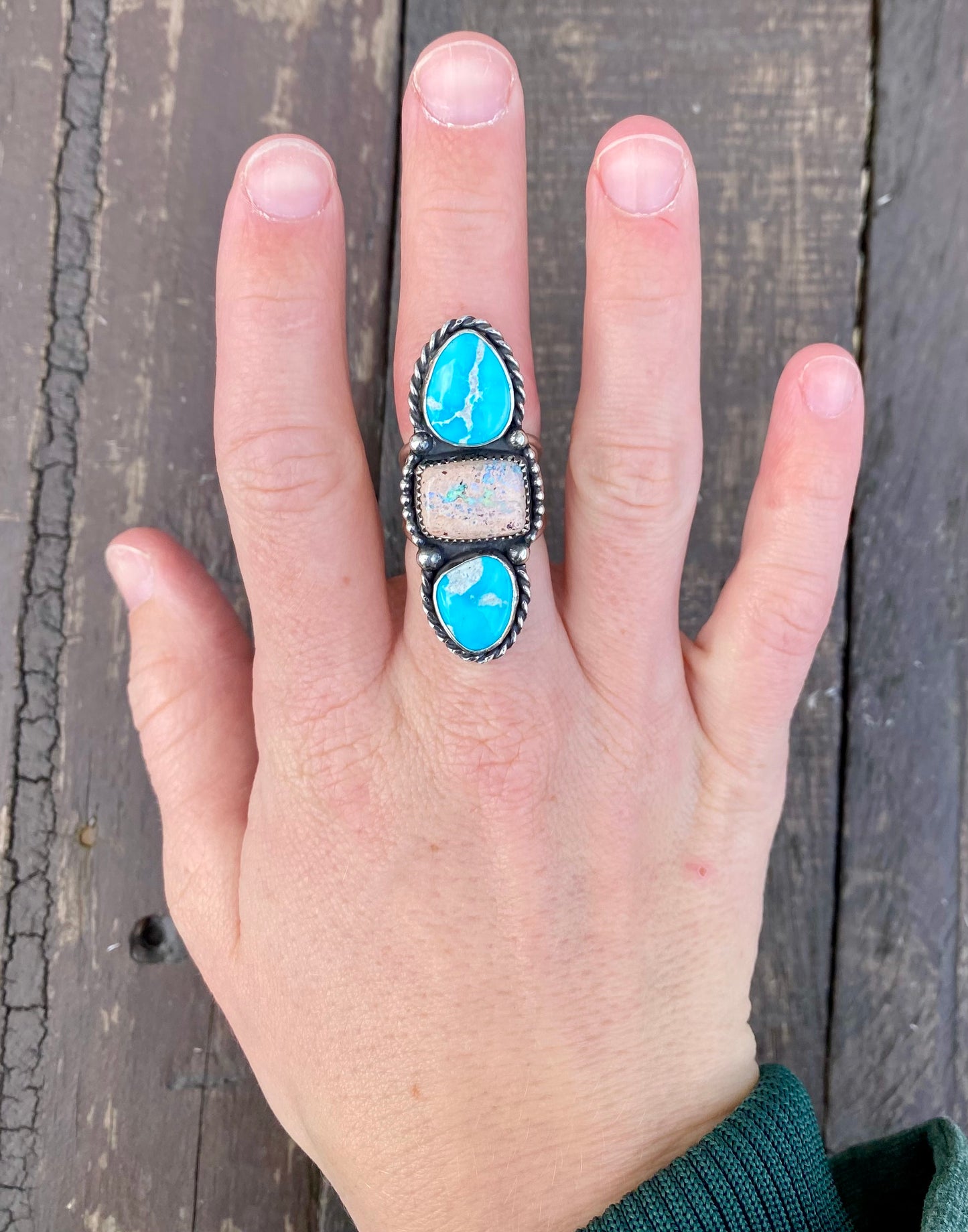 Blue Ridge Turquoise & Mexican Fire Opal Triple Stone Ring