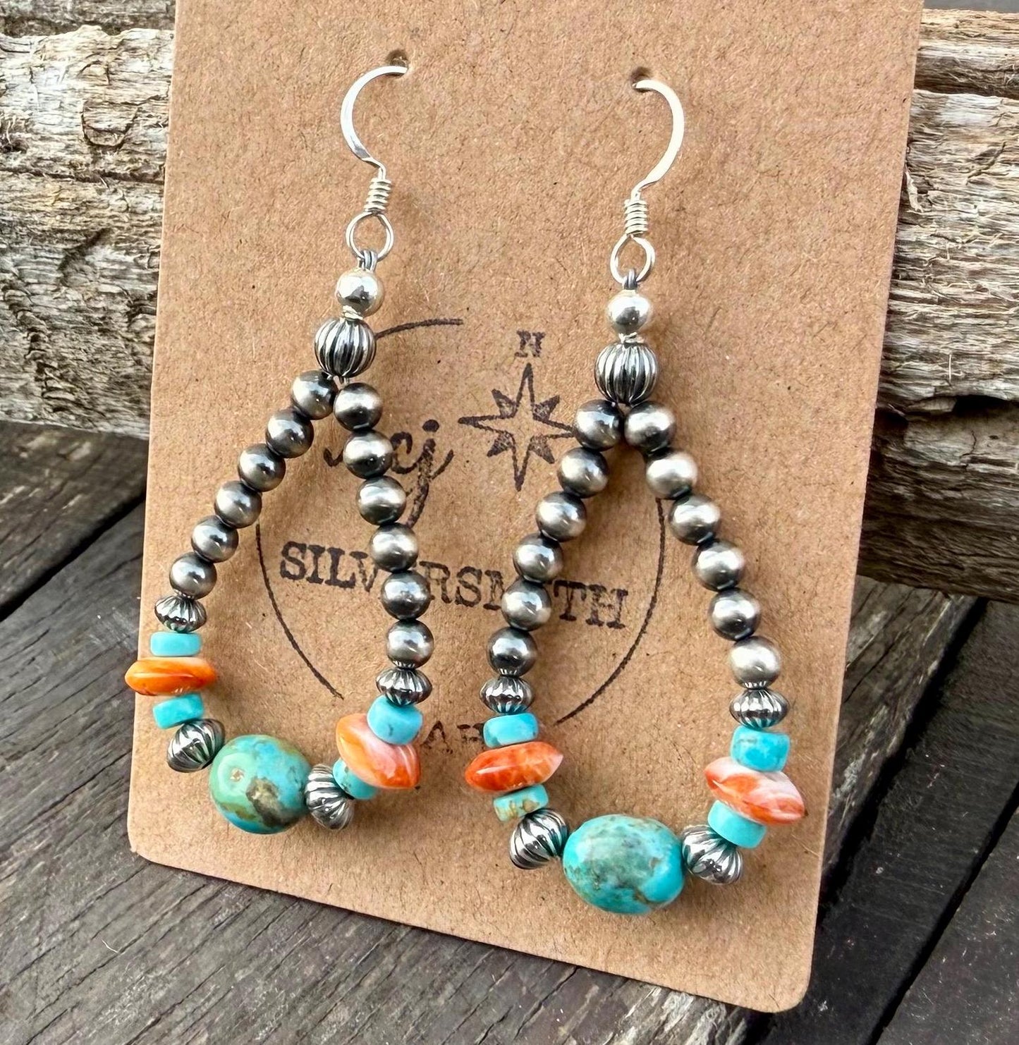 Dangle Hoop Earrings; Sterling Silver Pearls, Kingman Turquoise Beads & Spiny Oyster Beads