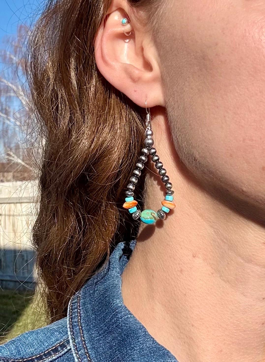 Dangle Hoop Earrings; Sterling Silver Pearls, Kingman Turquoise Beads & Spiny Oyster Beads