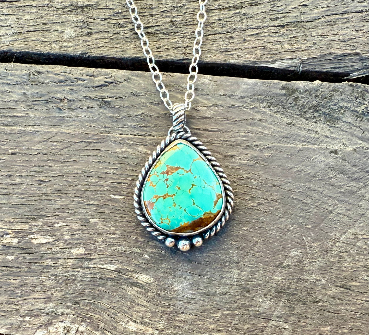 Royston Turquoise teardrop pendant necklace with brown leather cord or sterling silver chain
