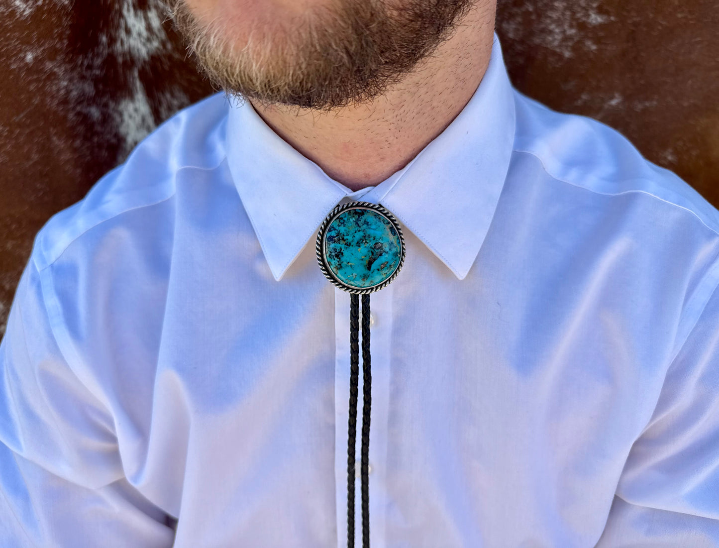 Kingman Turquoise Bolo Tie with Black Leather Cord