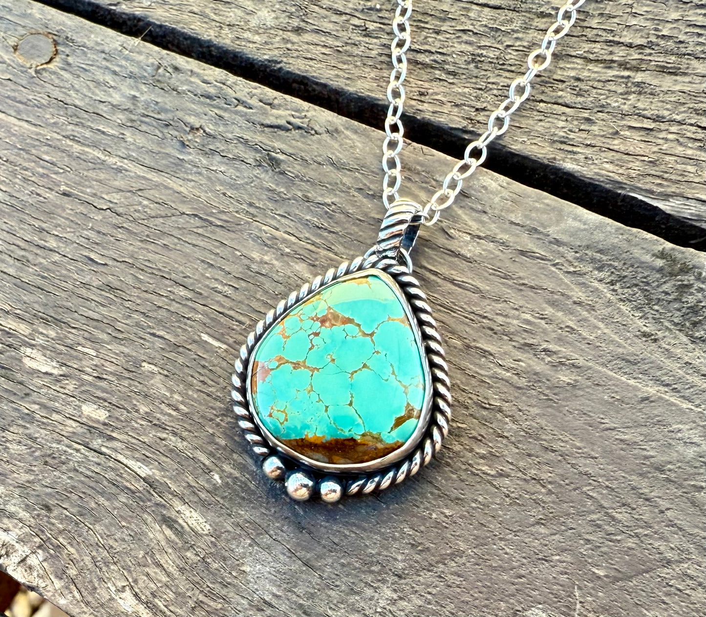 Royston Turquoise teardrop pendant necklace with brown leather cord or sterling silver chain