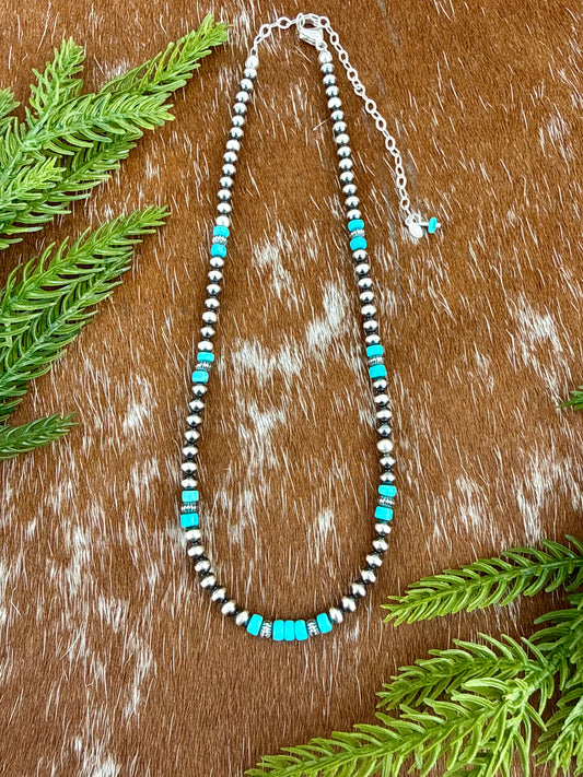 Sterling Silver Pearl 4mm and Kingman Turquoise beaded necklace