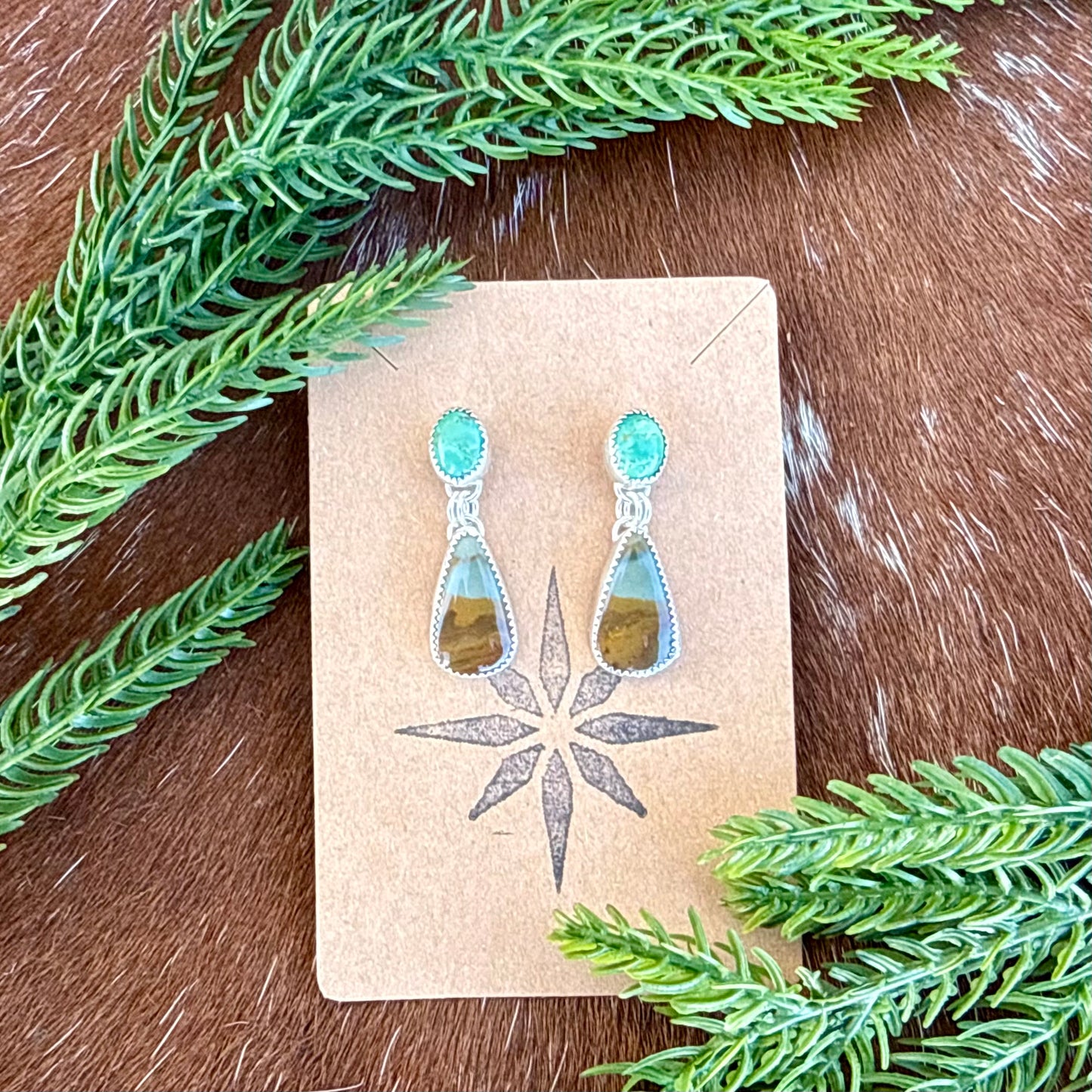 Owyhee Picture Jasper and Kingman Turquoise stud dangle earrings