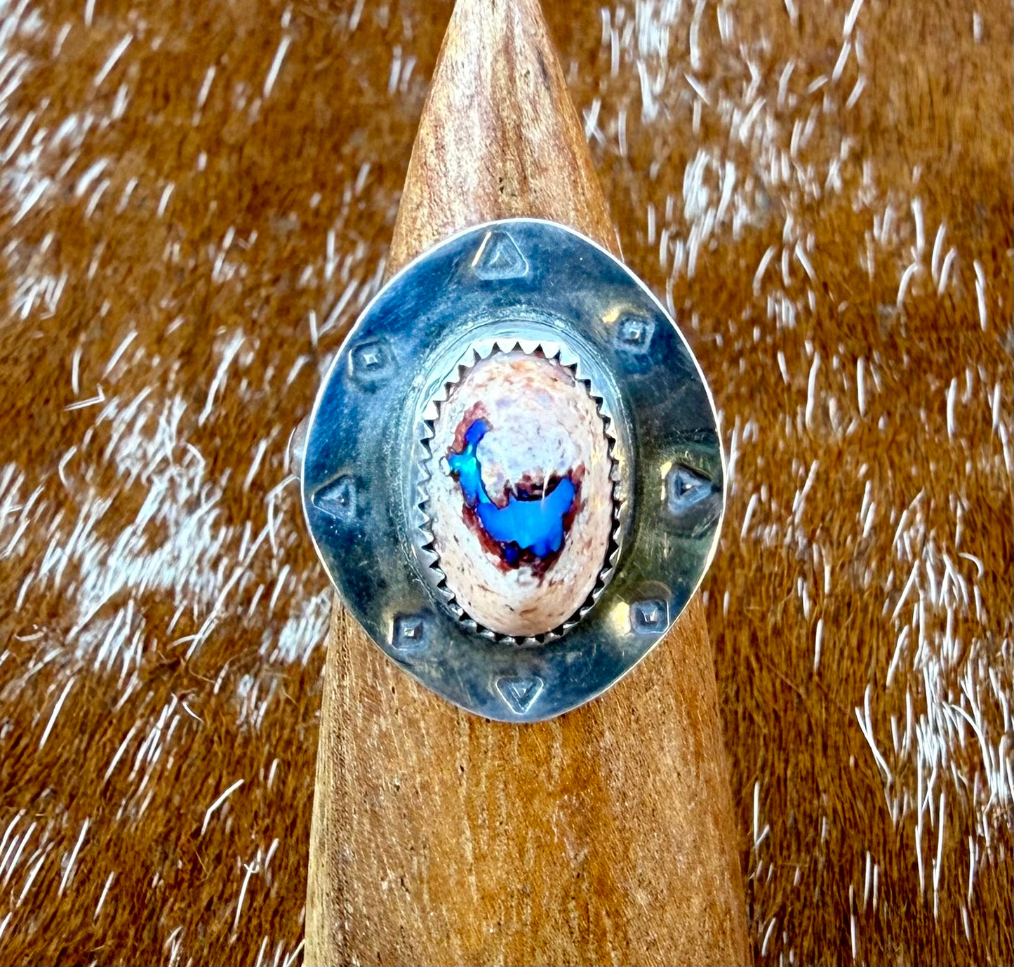 Stamped “Cowboy Hat” Mexican Fire Opal Ring
