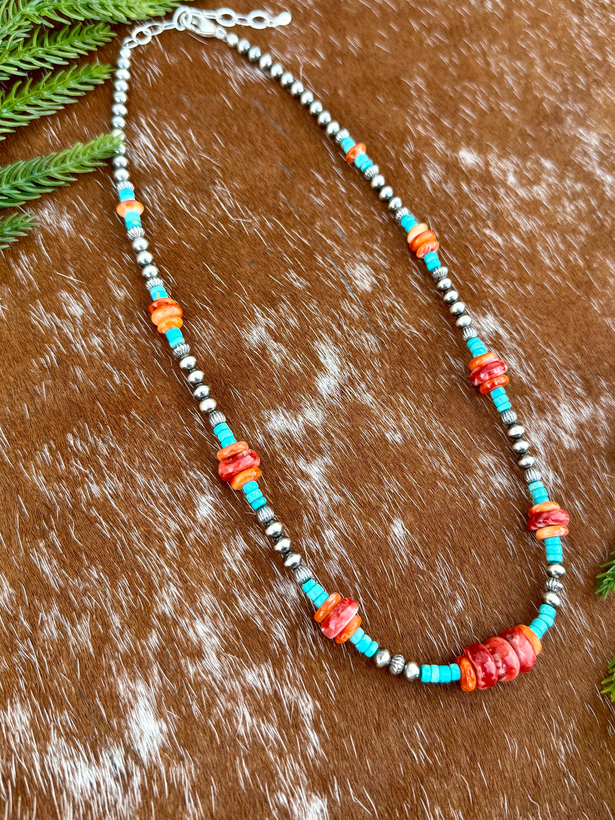 Sterling Silver Pearl 5mm, Kingman Turquoise, Spiny Oyster beaded necklace