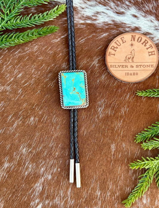 Royston Turquoise Bolo Tie with Sterling Silver Tips on Dark Brown Leather Cord