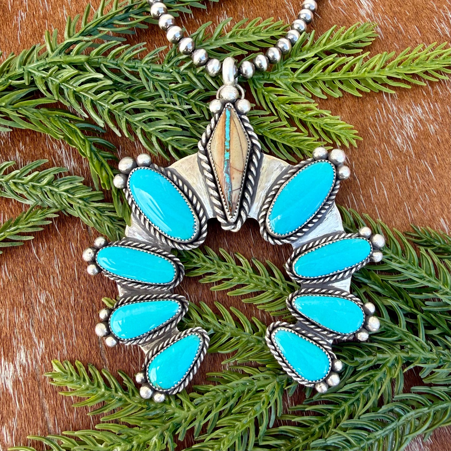 Royston Ribbon and Kingman Turquoise 9 stone pendant necklace with 22” Sterling Silver pearl strand
