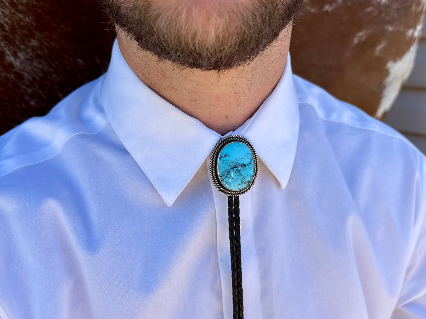 Kingman Turquoise Bolo Tie with Dark Brown Leather Cord