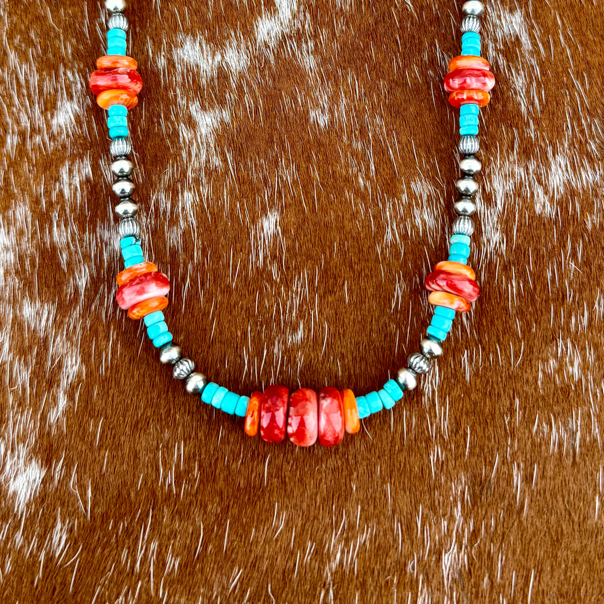 Sterling Silver Pearl 5mm, Kingman Turquoise, Spiny Oyster beaded necklace
