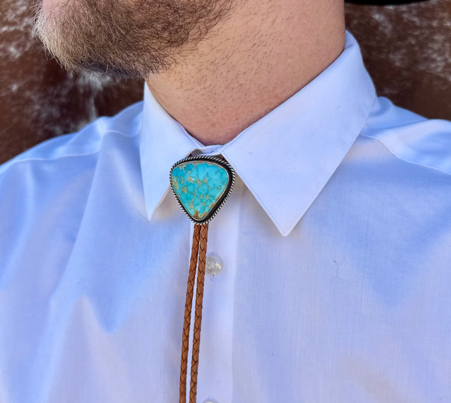 Kingman Golden Web Turquoise Bolo Tie with Golden Leather Cord