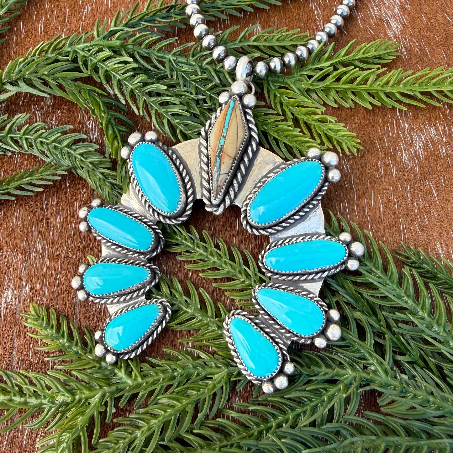 Royston Ribbon and Kingman Turquoise 9 stone pendant necklace with 22” Sterling Silver pearl strand