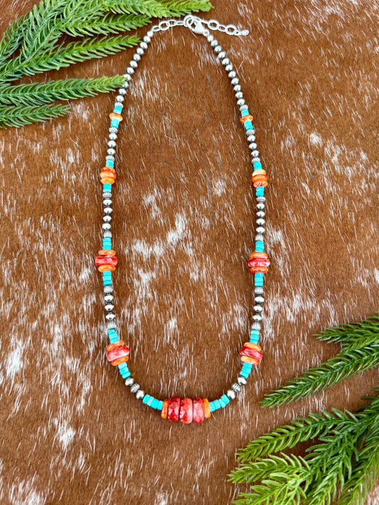 Sterling Silver Pearl 5mm, Kingman Turquoise, Spiny Oyster beaded necklace