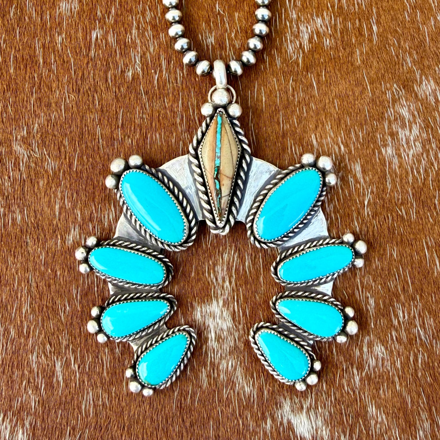 Royston Ribbon and Kingman Turquoise 9 stone pendant necklace with 22” Sterling Silver pearl strand