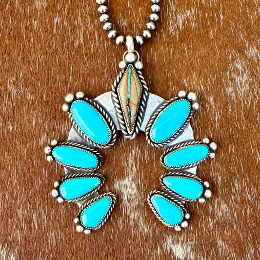 Royston Ribbon and Kingman Turquoise 9 stone pendant necklace with 22” Sterling Silver pearl strand
