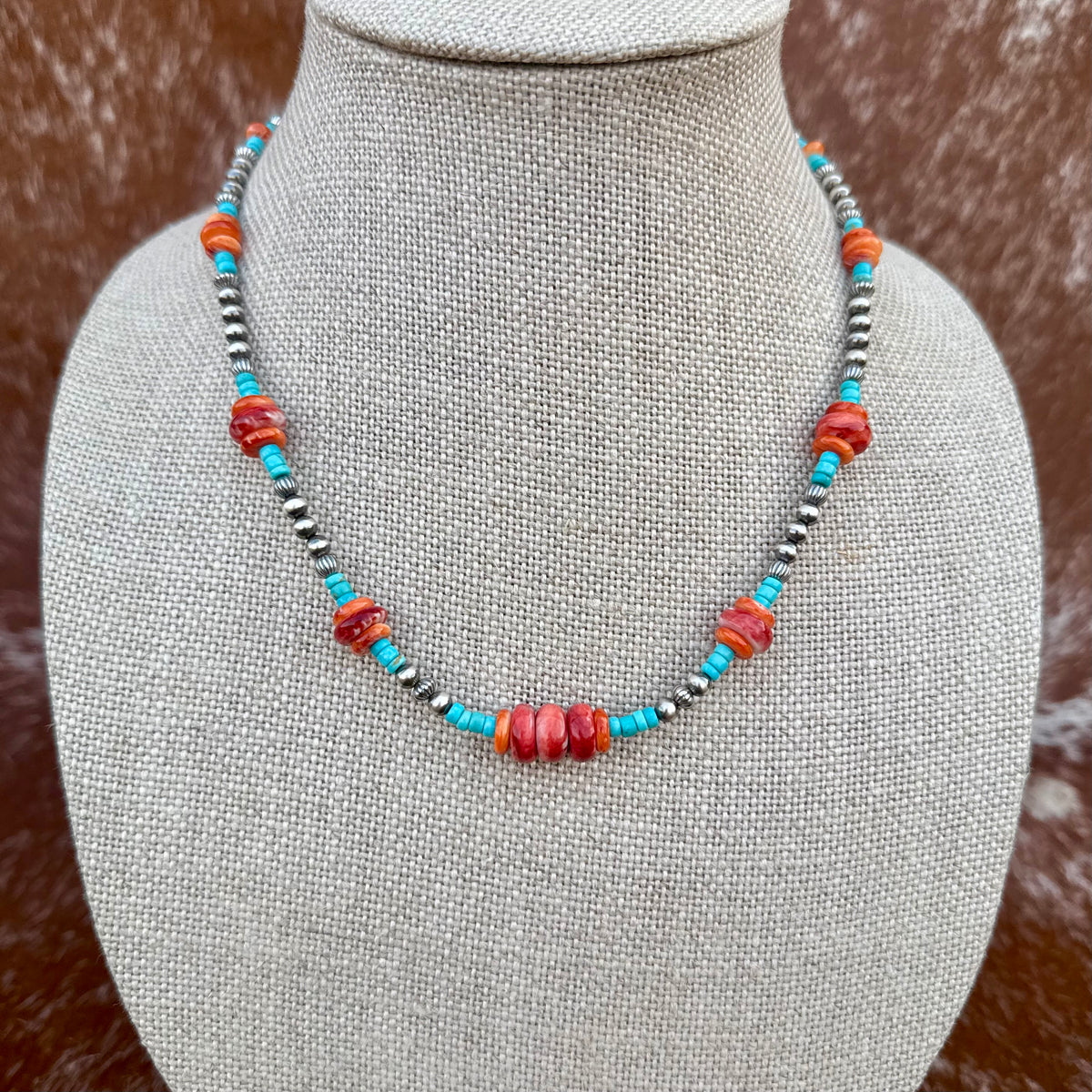 Sterling Silver Pearl 5mm, Kingman Turquoise, Spiny Oyster beaded necklace
