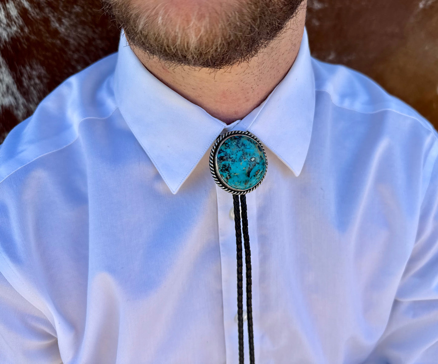 Kingman Turquoise Bolo Tie with Black Leather Cord