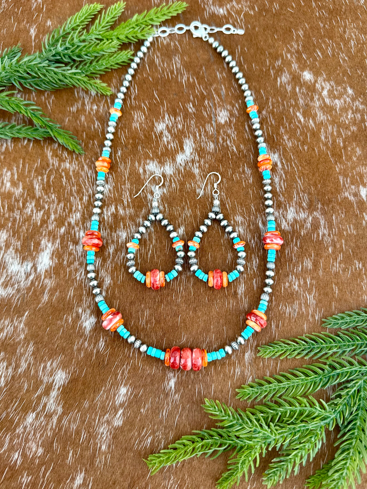 Sterling Silver Pearl 5mm, Kingman Turquoise, Spiny Oyster beaded necklace