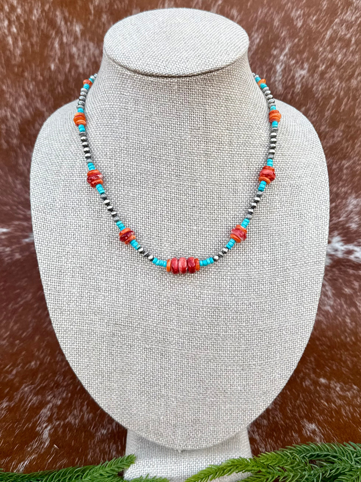 Sterling Silver Pearl 5mm, Kingman Turquoise, Spiny Oyster beaded necklace