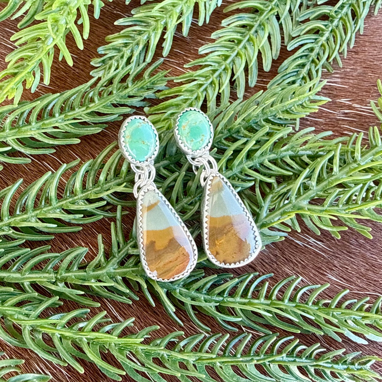 Owyhee Picture Jasper and Kingman Turquoise stud dangle earrings