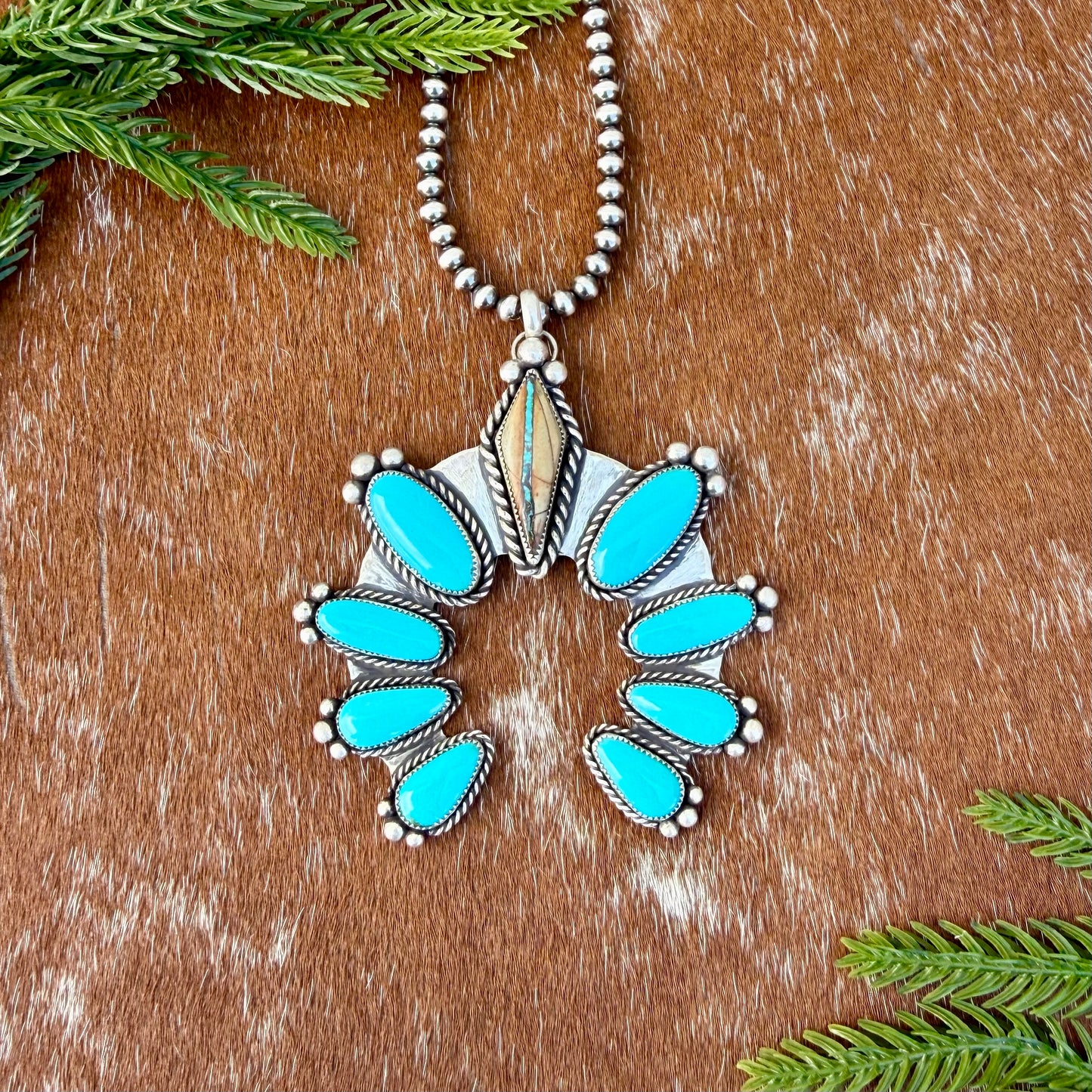 Royston Ribbon and Kingman Turquoise 9 stone pendant necklace with 22” Sterling Silver pearl strand