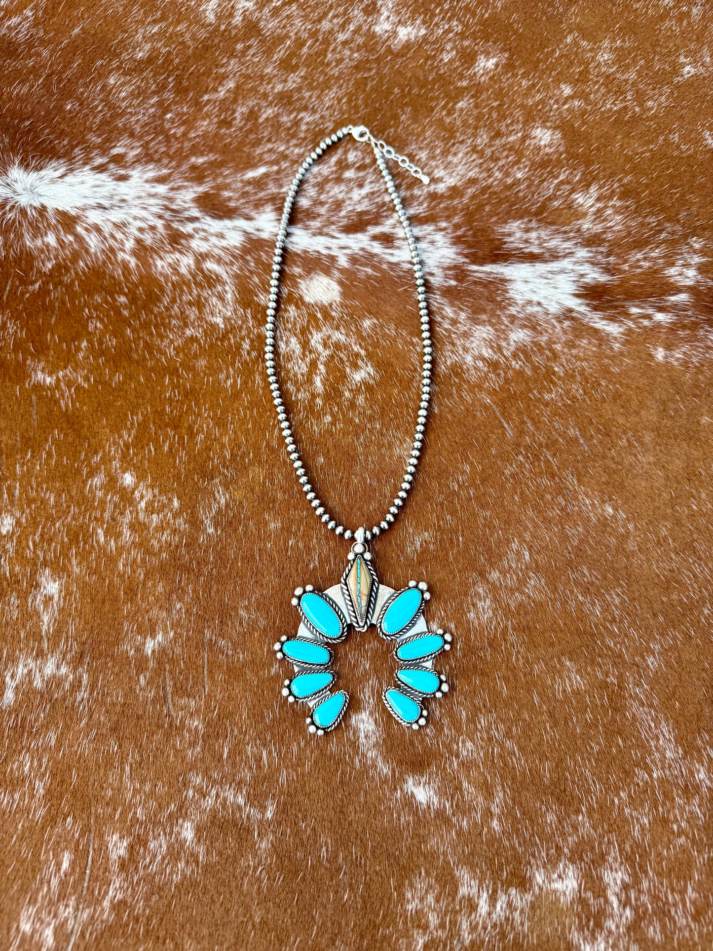 Royston Ribbon and Kingman Turquoise 9 stone pendant necklace with 22” Sterling Silver pearl strand