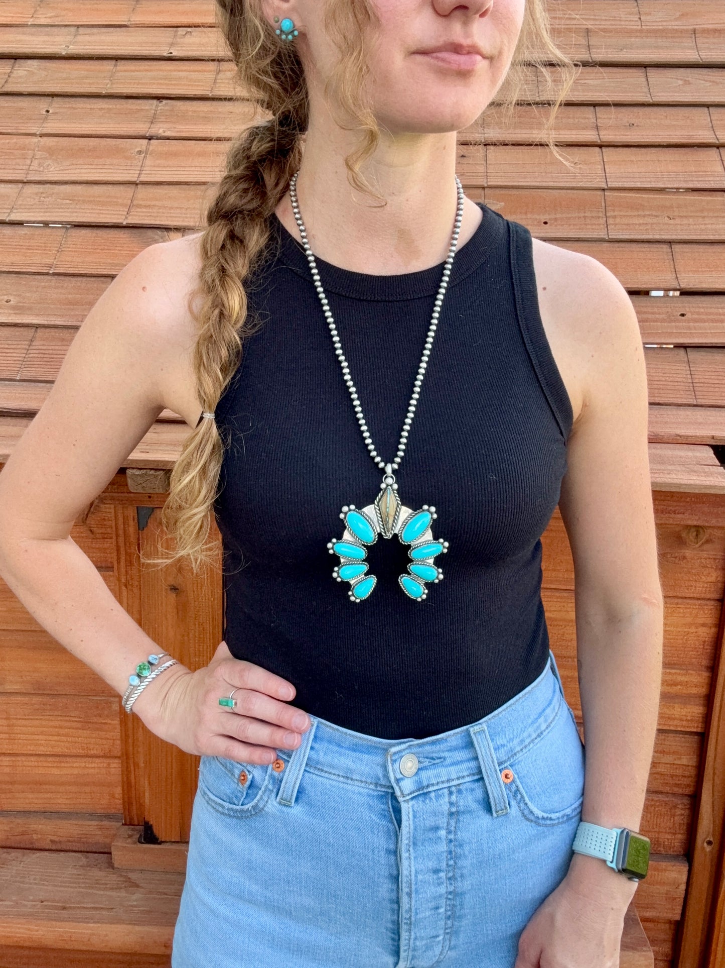 Royston Ribbon and Kingman Turquoise 9 stone pendant necklace with 22” Sterling Silver pearl strand
