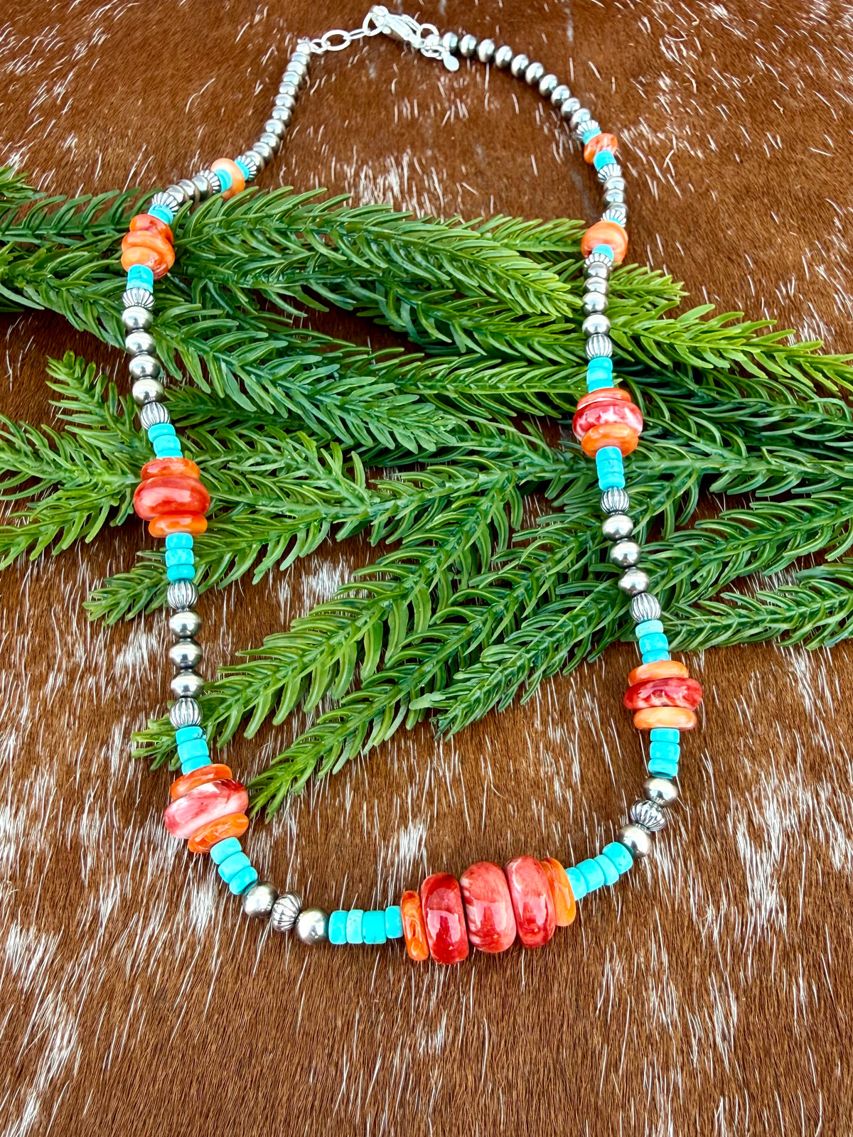 Sterling Silver Pearl 5mm, Kingman Turquoise, Spiny Oyster beaded necklace