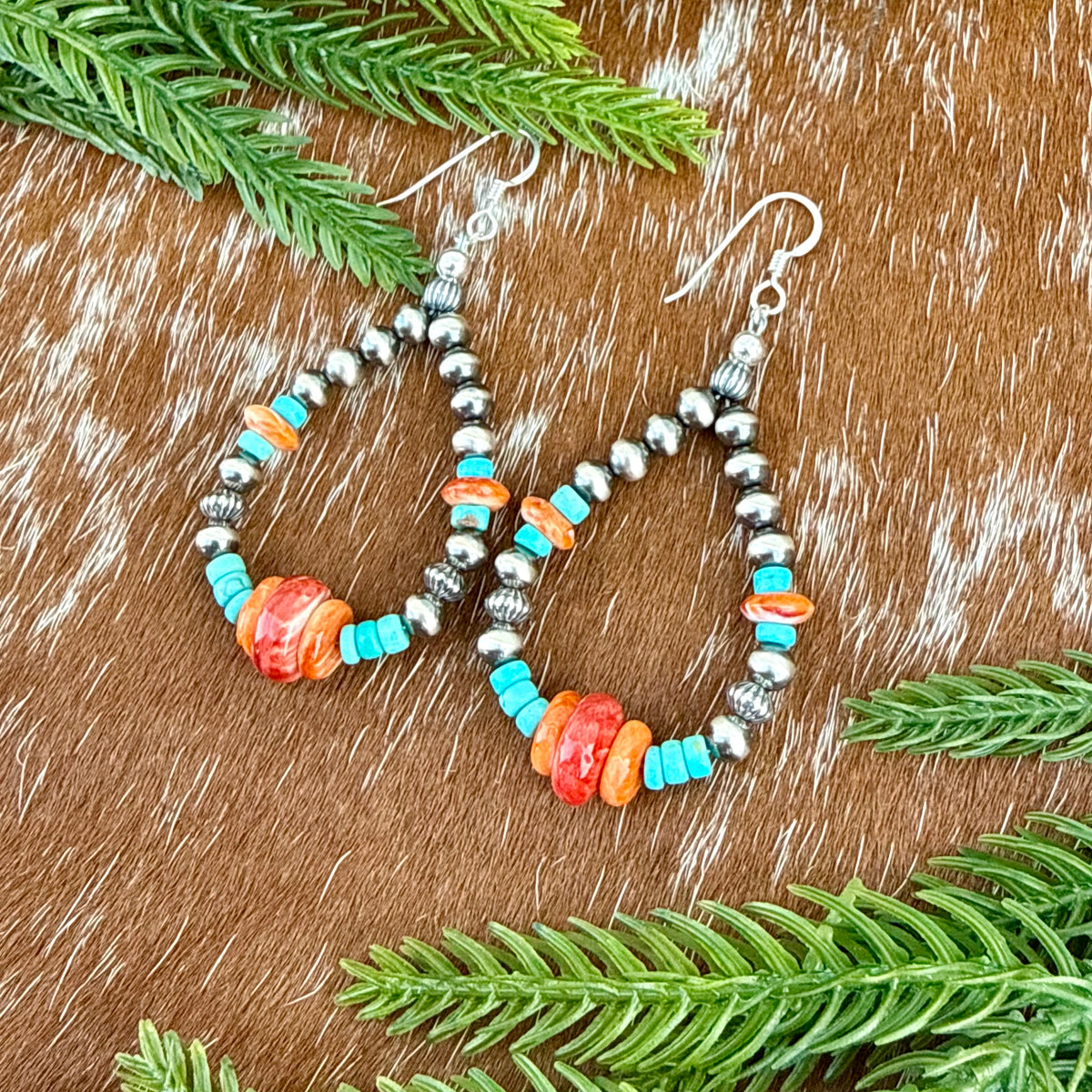 Sterling Silver Pearls 5mm, Kingman turquoise beads, Spiny Oyster beads earrings