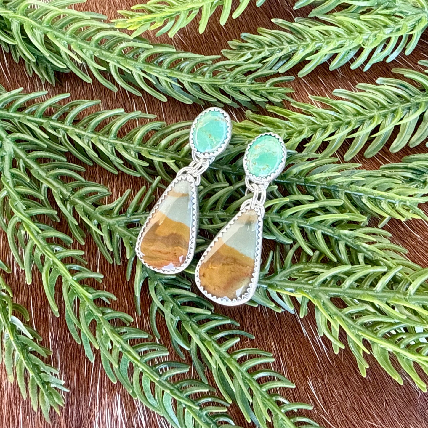 Owyhee Picture Jasper and Kingman Turquoise stud dangle earrings
