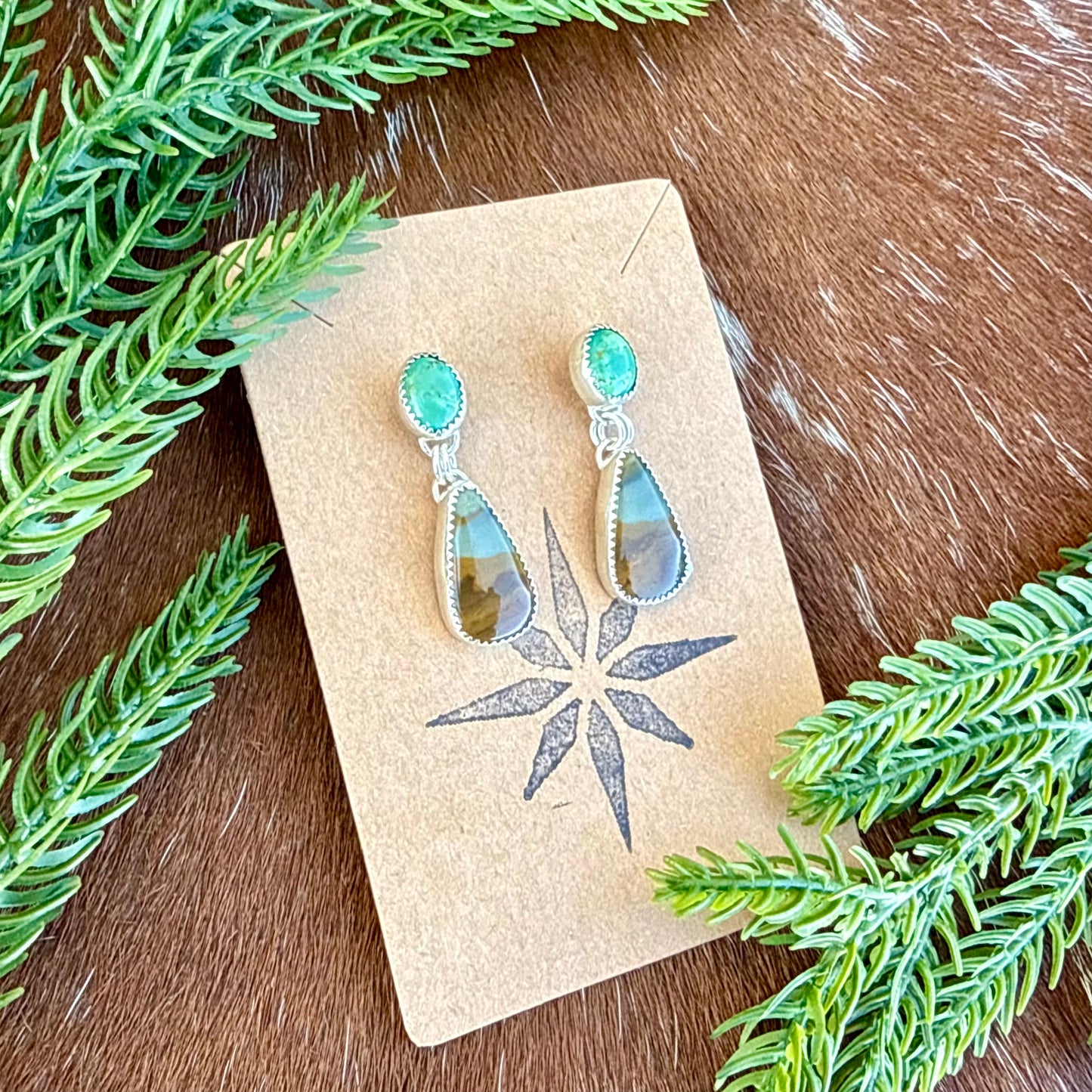 Owyhee Picture Jasper and Kingman Turquoise stud dangle earrings