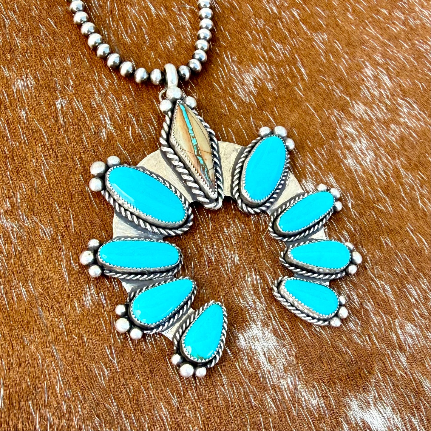 Royston Ribbon and Kingman Turquoise 9 stone pendant necklace with 22” Sterling Silver pearl strand