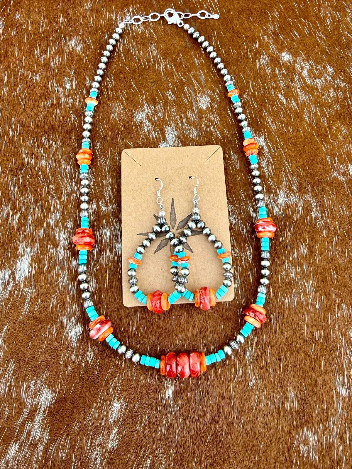 Sterling Silver Pearl 5mm, Kingman Turquoise, Spiny Oyster beaded necklace