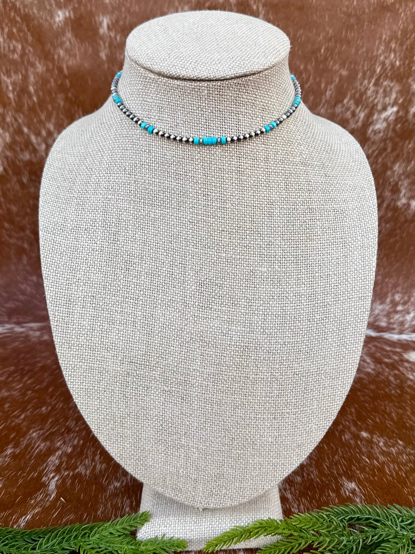 Sterling Silver Pearl 4mm and Kingman Turquoise beaded necklace
