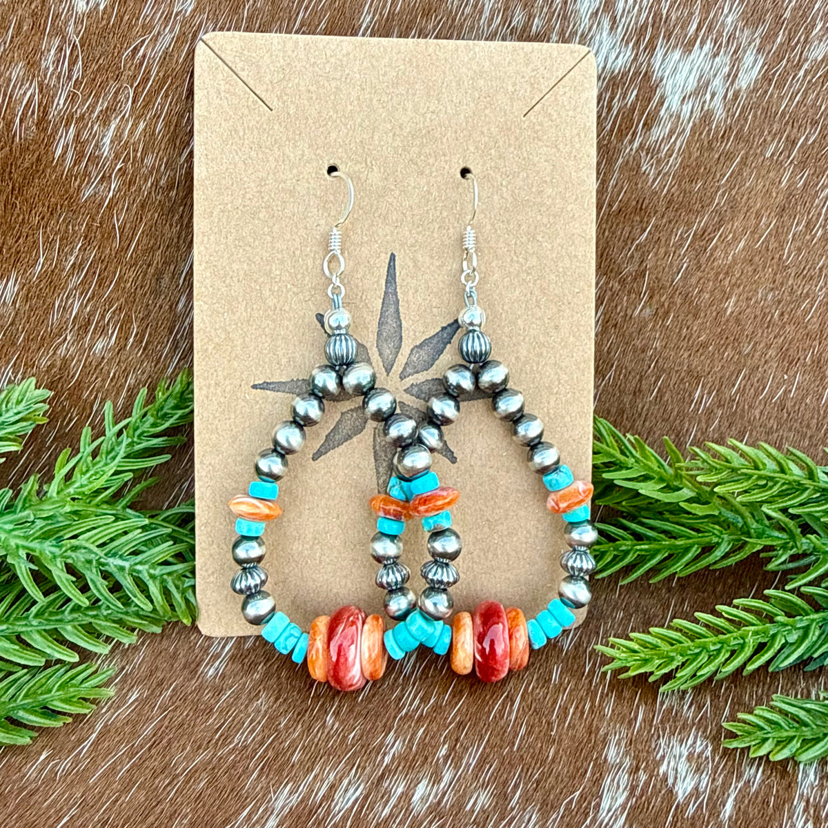 Sterling Silver Pearls 5mm, Kingman turquoise beads, Spiny Oyster beads earrings