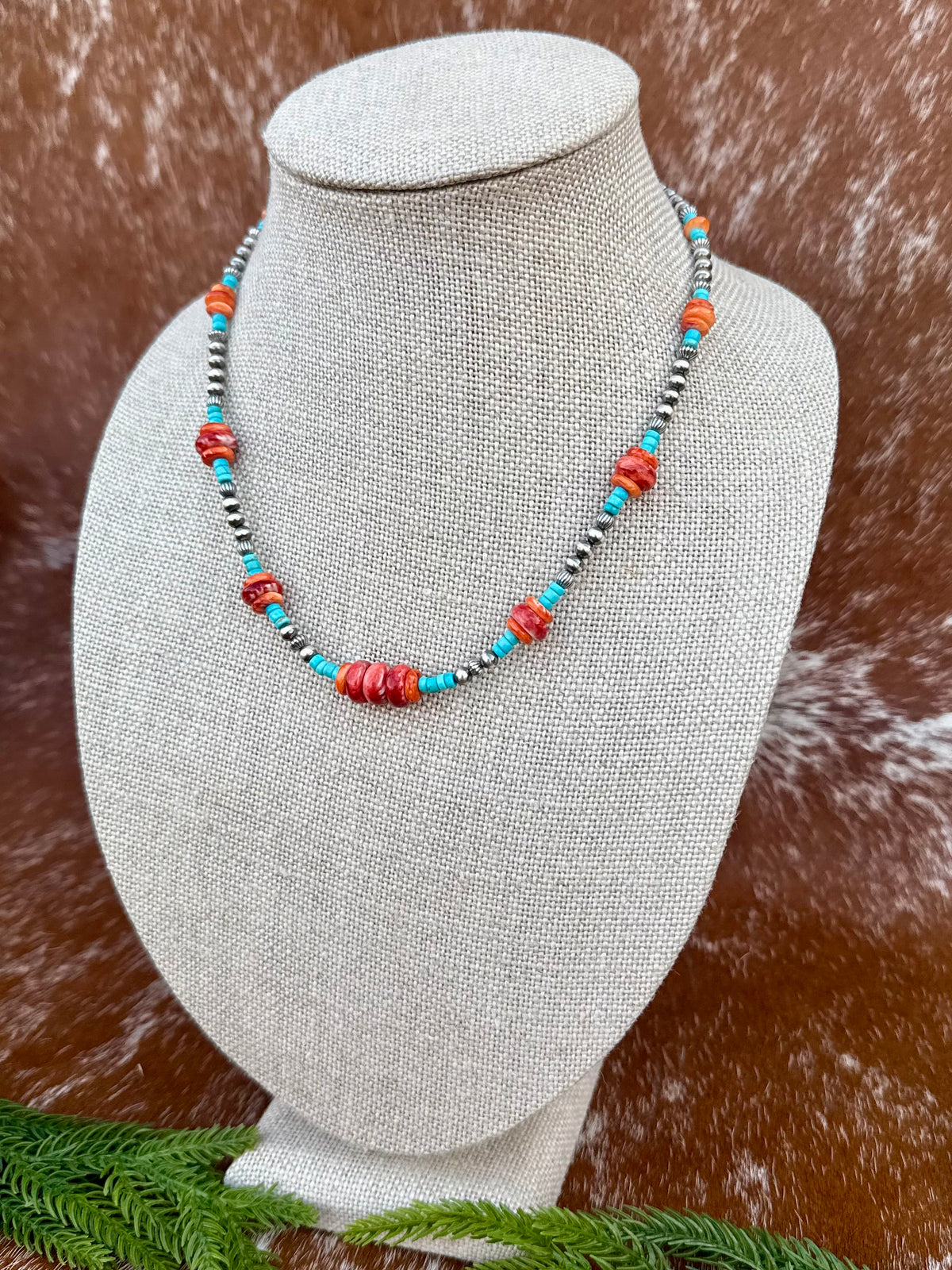 Sterling Silver Pearl 5mm, Kingman Turquoise, Spiny Oyster beaded necklace