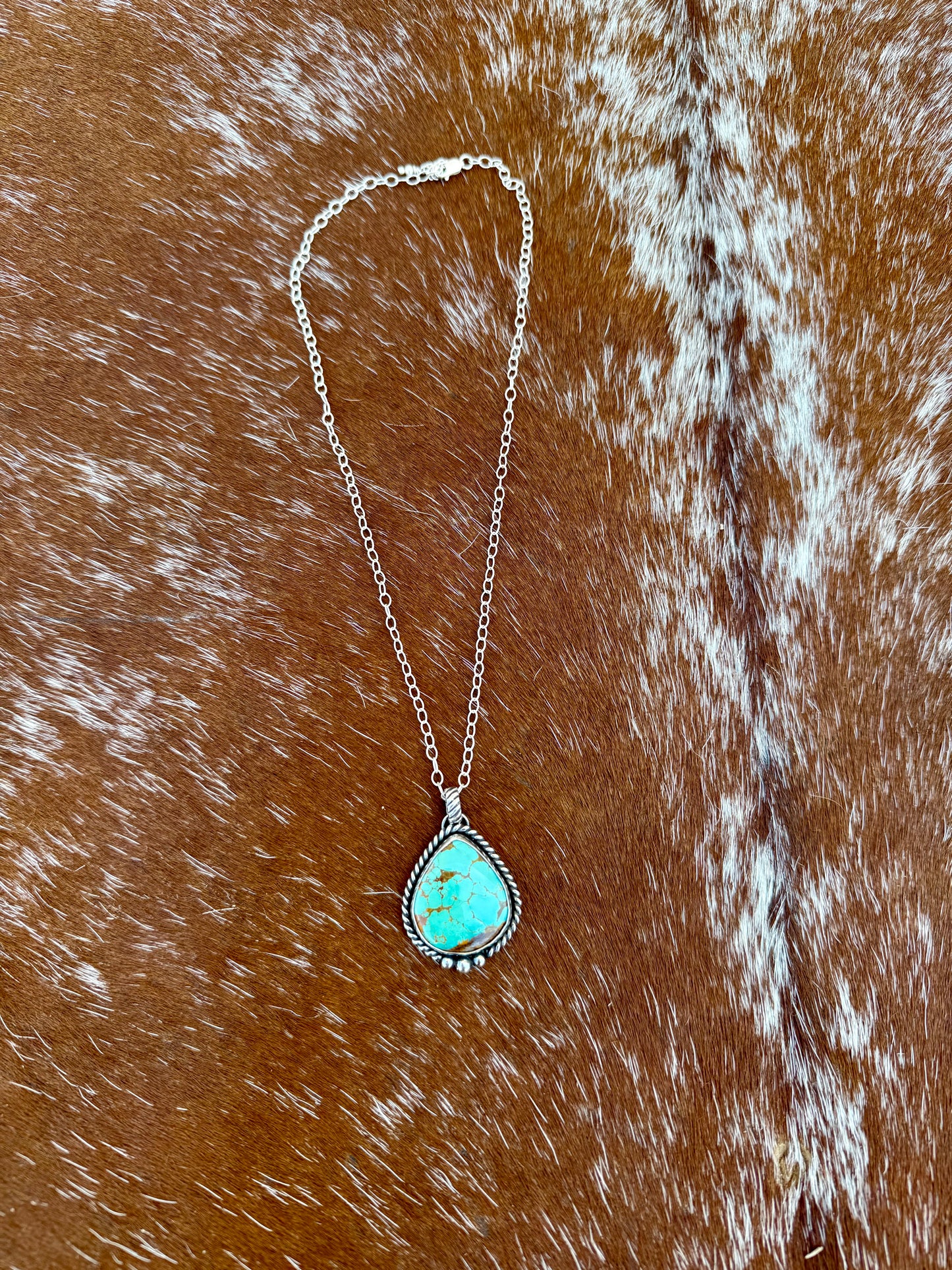 Royston Turquoise teardrop pendant necklace with brown leather cord or sterling silver chain