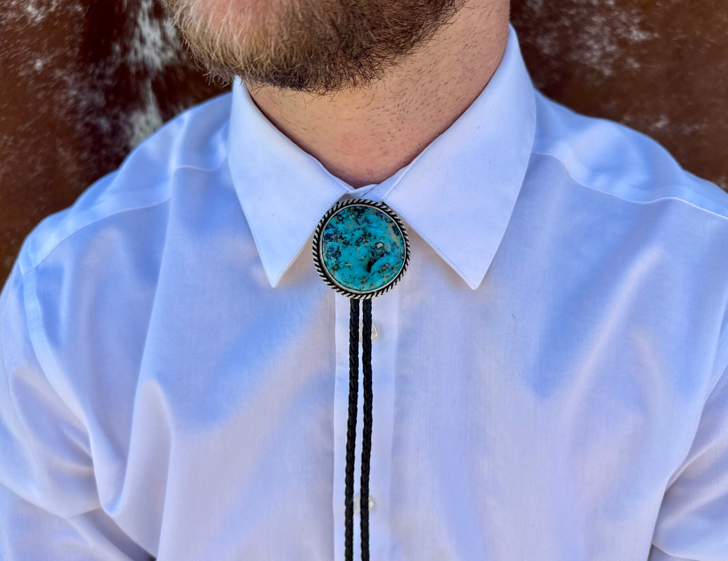Kingman Turquoise Bolo Tie with Black Leather Cord