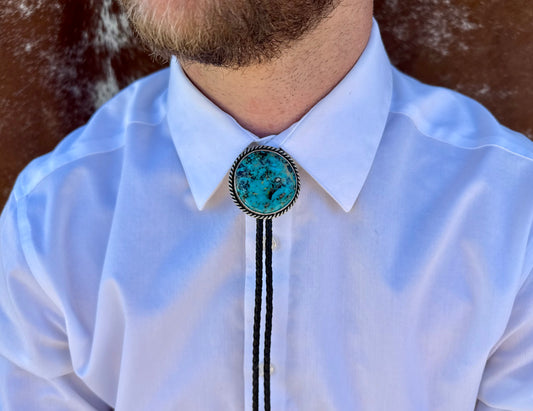 Kingman Turquoise Bolo Tie with Black Leather Cord