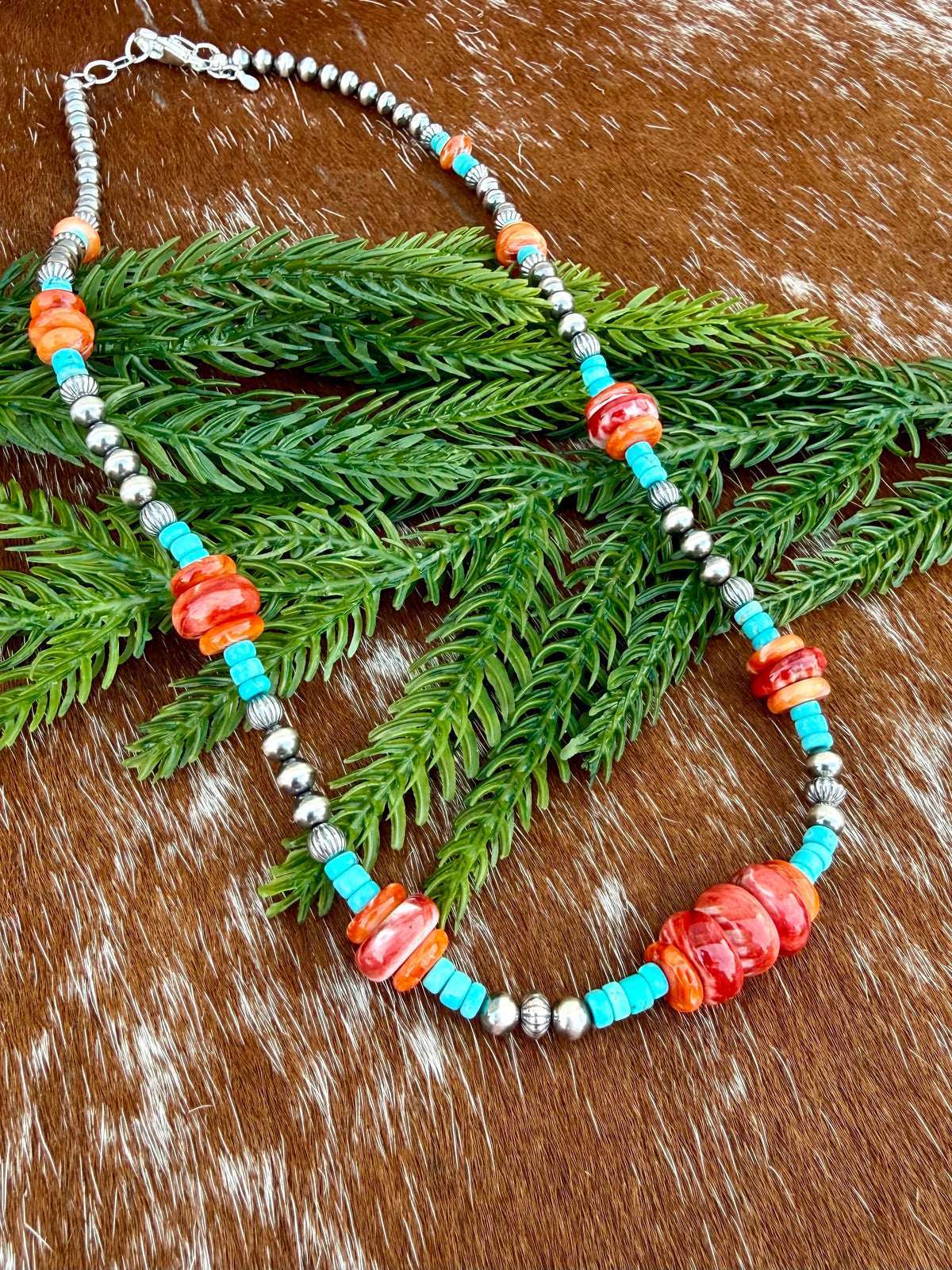 Sterling Silver Pearl 5mm, Kingman Turquoise, Spiny Oyster beaded necklace
