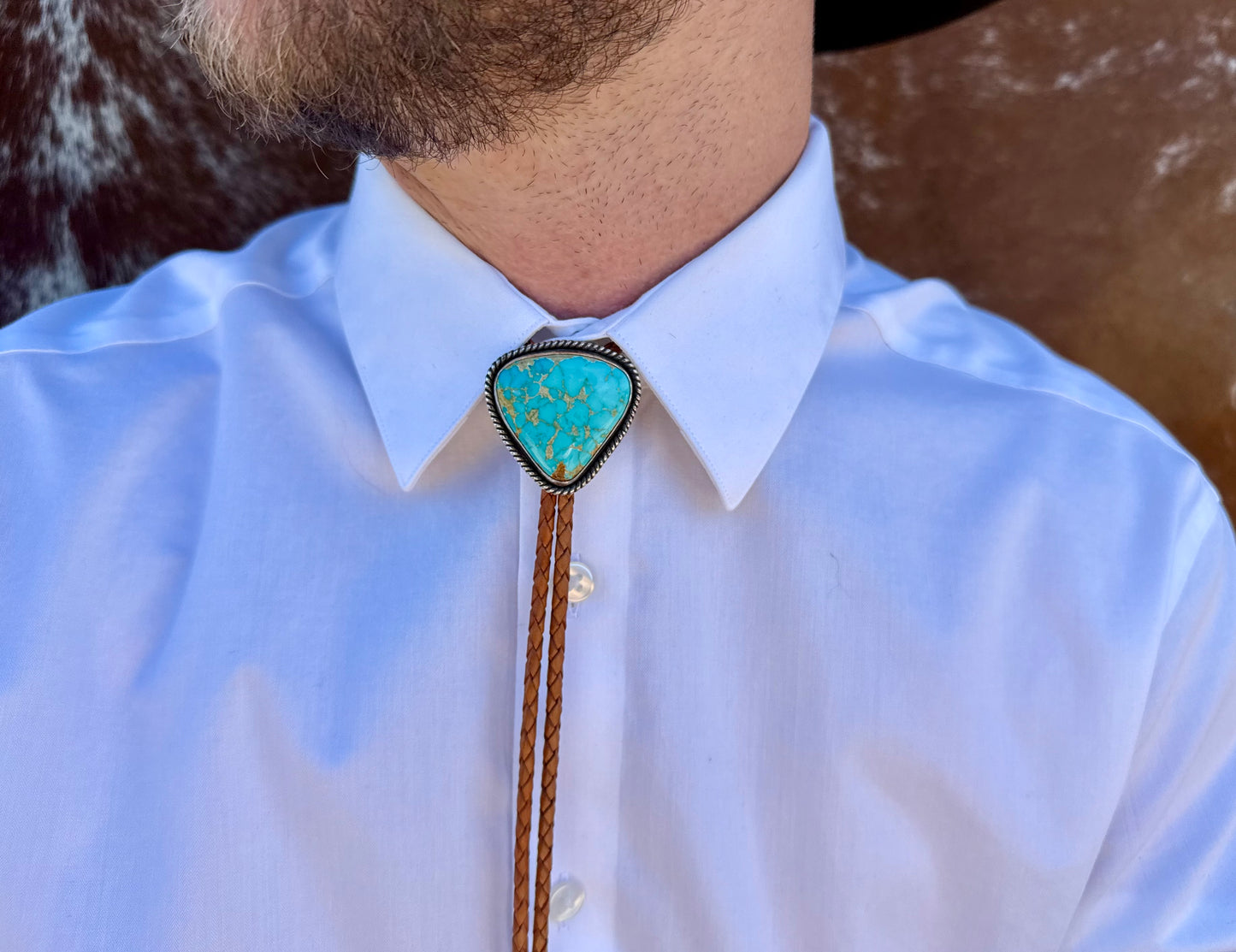 Kingman Golden Web Turquoise Bolo Tie with Golden Leather Cord