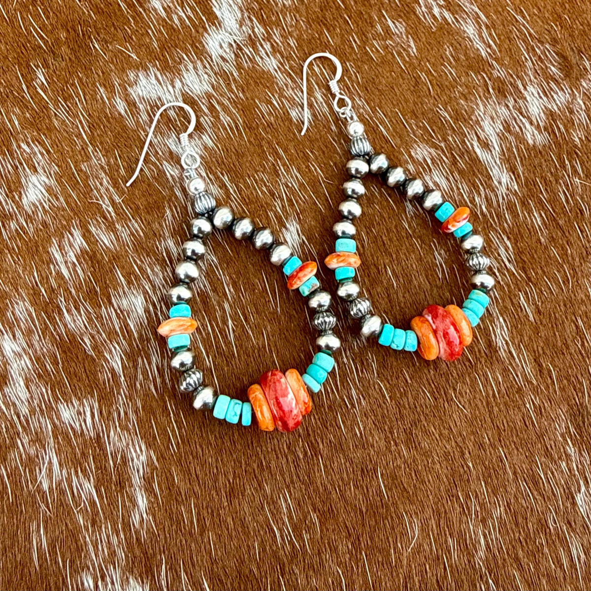 Sterling Silver Pearls 5mm, Kingman turquoise beads, Spiny Oyster beads earrings