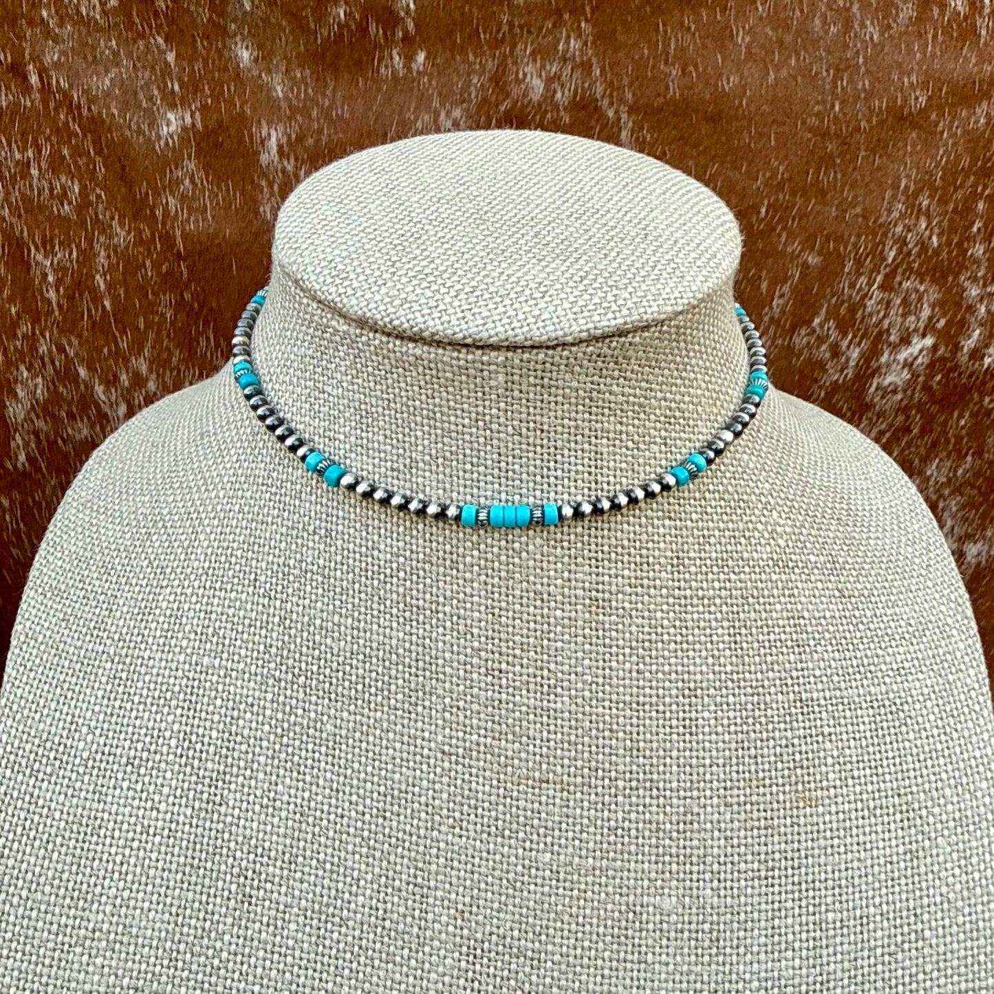 Sterling Silver Pearl 4mm and Kingman Turquoise beaded necklace