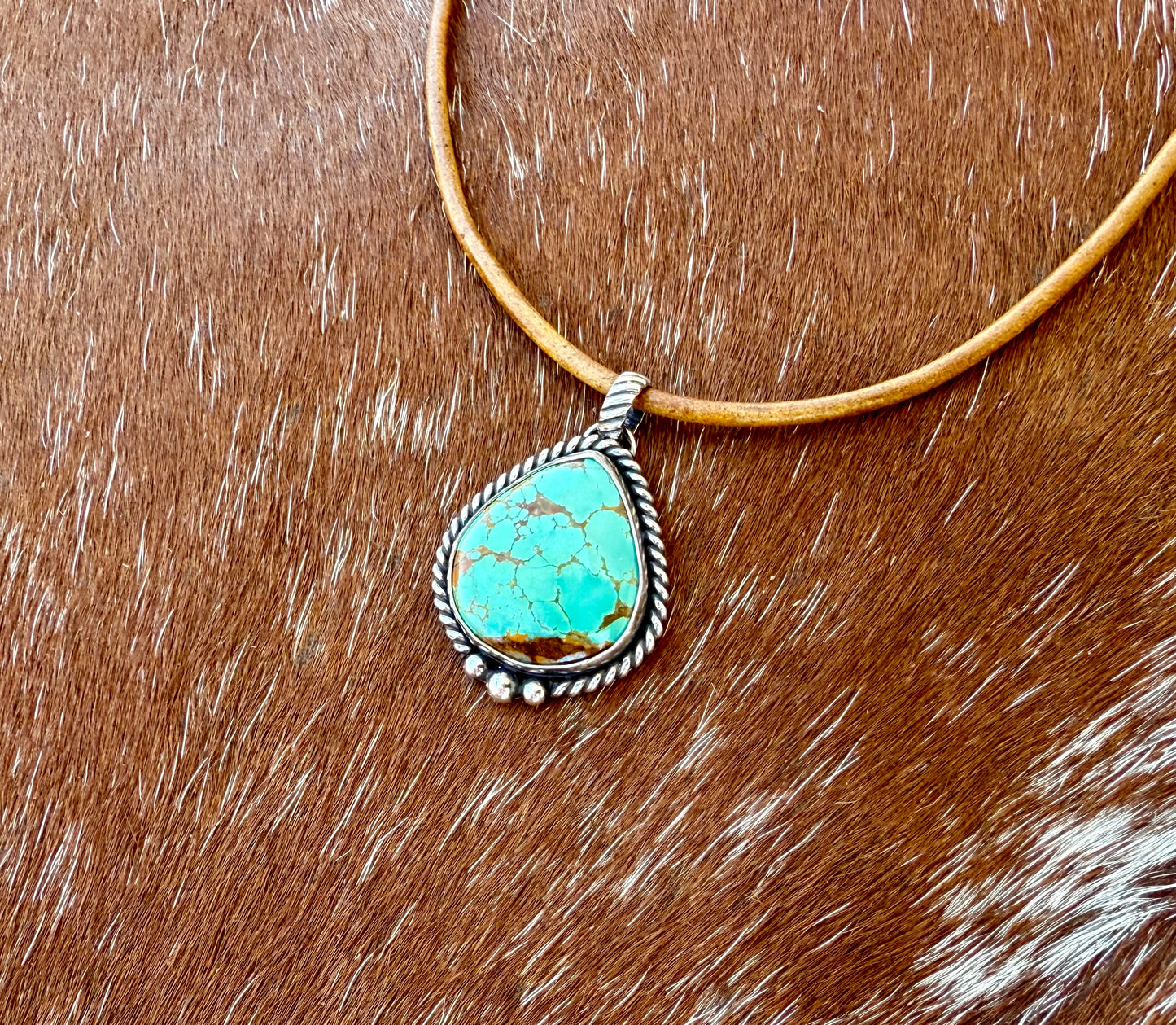 Royston Turquoise teardrop pendant necklace with brown leather cord or sterling silver chain