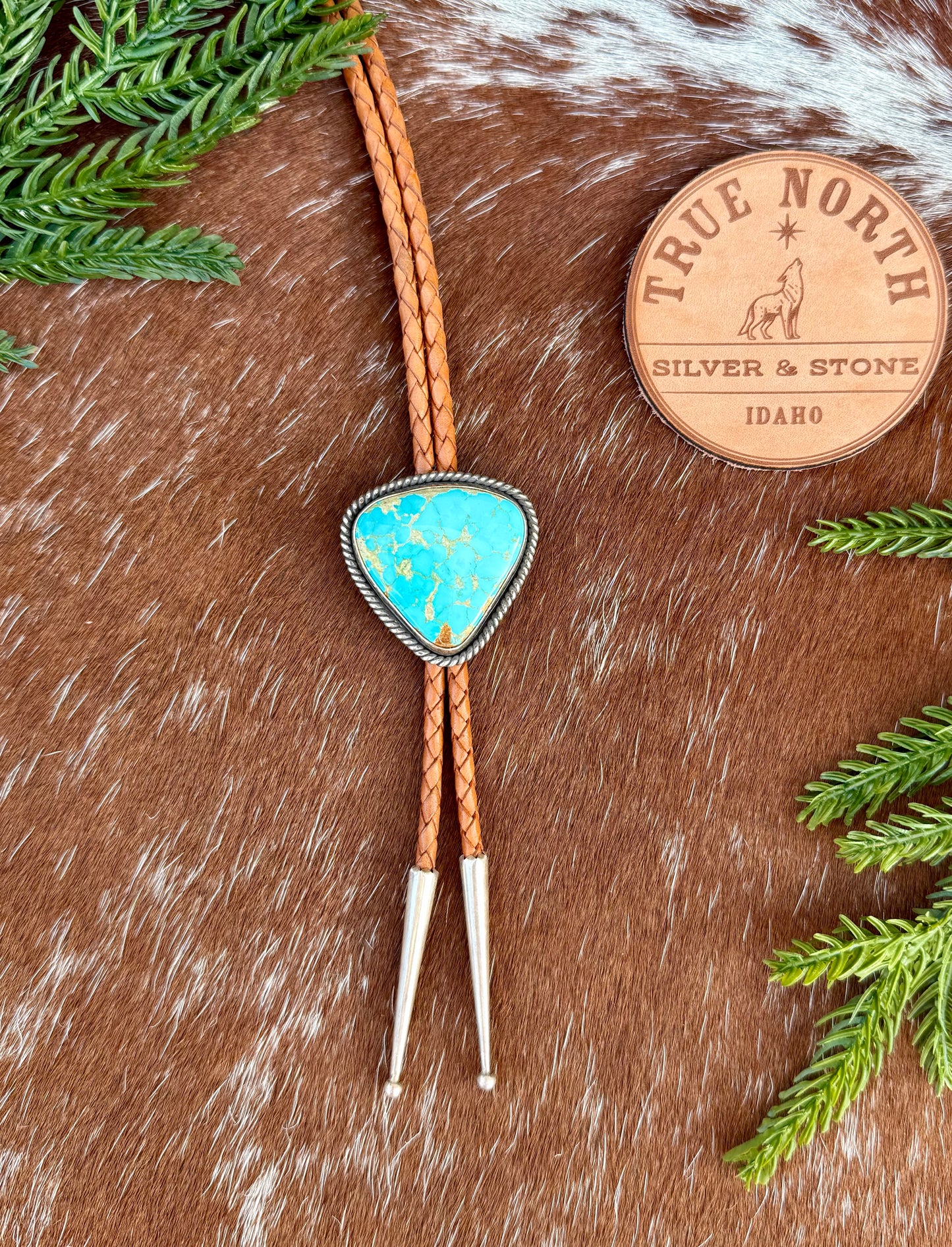 Kingman Golden Web Turquoise Bolo Tie with Golden Leather Cord